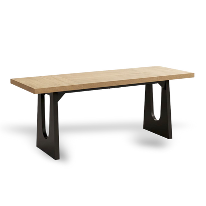 70.9-inch oak and black dining table detail, metal trestle legs