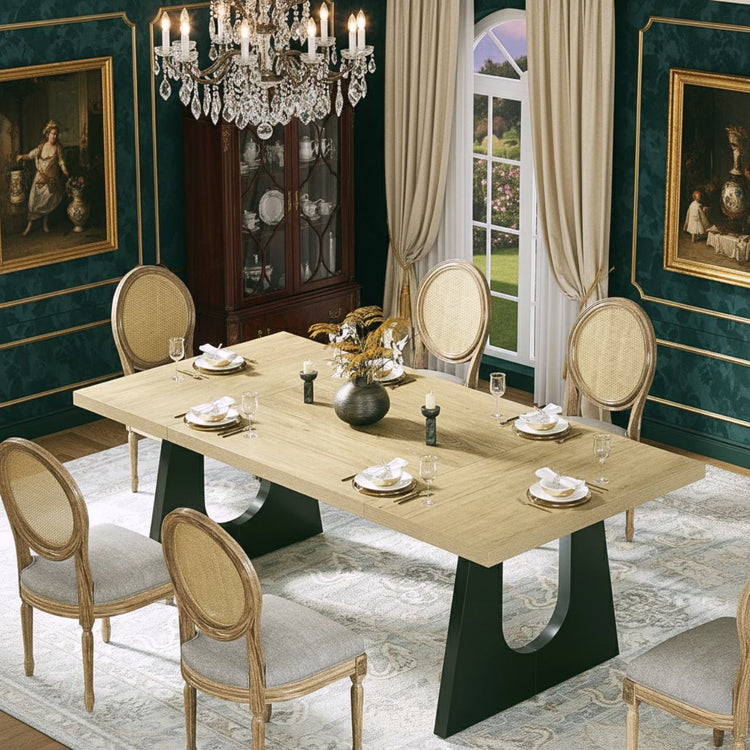 Oak & Black 8-Seat Table, 70.9 in, seats 6-8; rustic dining centerpiece with cane-back chairs in an ornate green dining room.