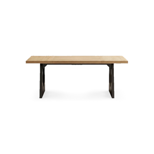 oak and black dining table that seats 6 to 8, thick oak top