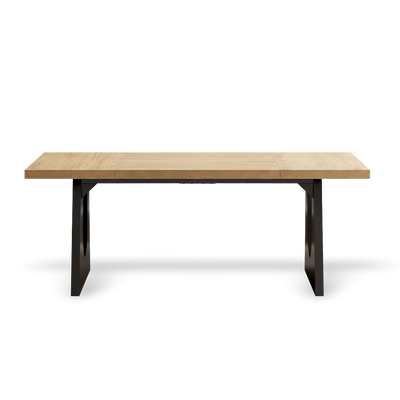 Oak & Black 8-Seat Table with a warm oak top and black metal legs, 70.9 inches, seats 6-8.