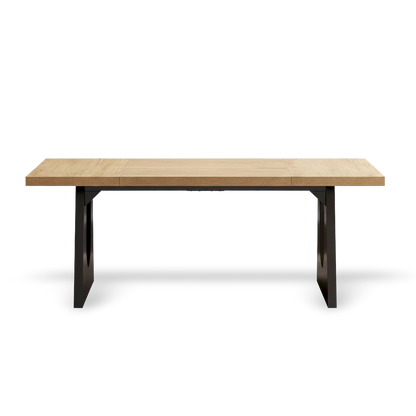 oak and black dining table that seats 6 to 8, thick oak top