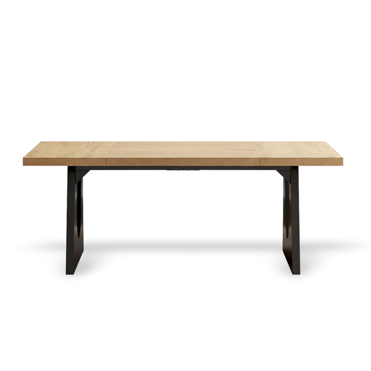 Oak & Black 8-Seat Table with a warm oak top and black metal legs, 70.9 inches, seats 6-8.