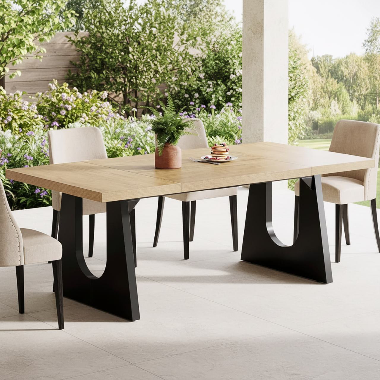 Oak & Black 8-Seat Table with warm oak top and black U-legged base, 70.9 in, seats 6-8.