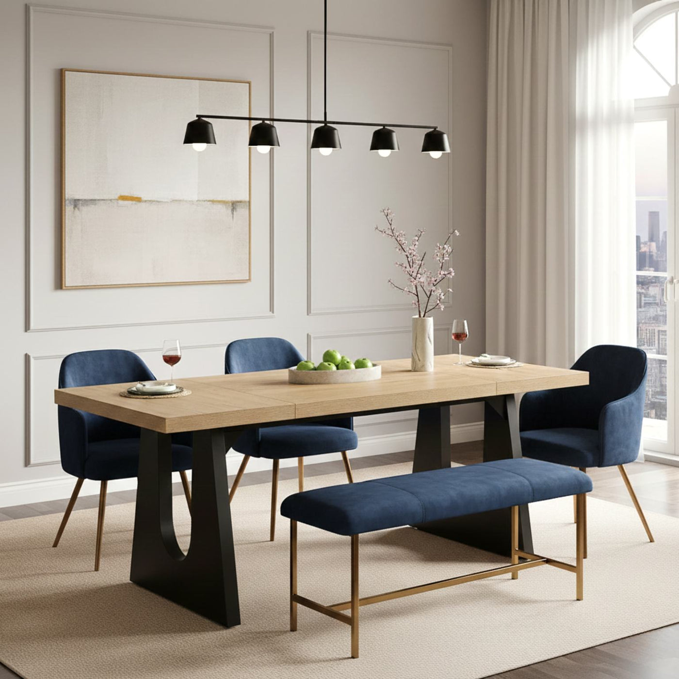 Oak & Black 8-Seat rustic dining table with oak top and black legs, seats 6-8.
