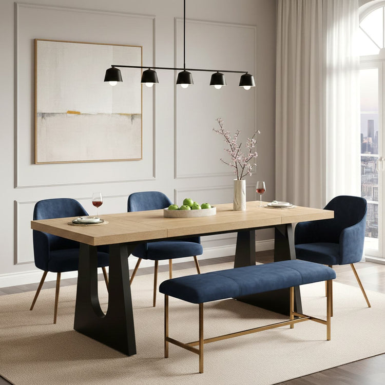 Oak & Black 8-Seat rustic dining table with oak top and black legs, seats 6-8.