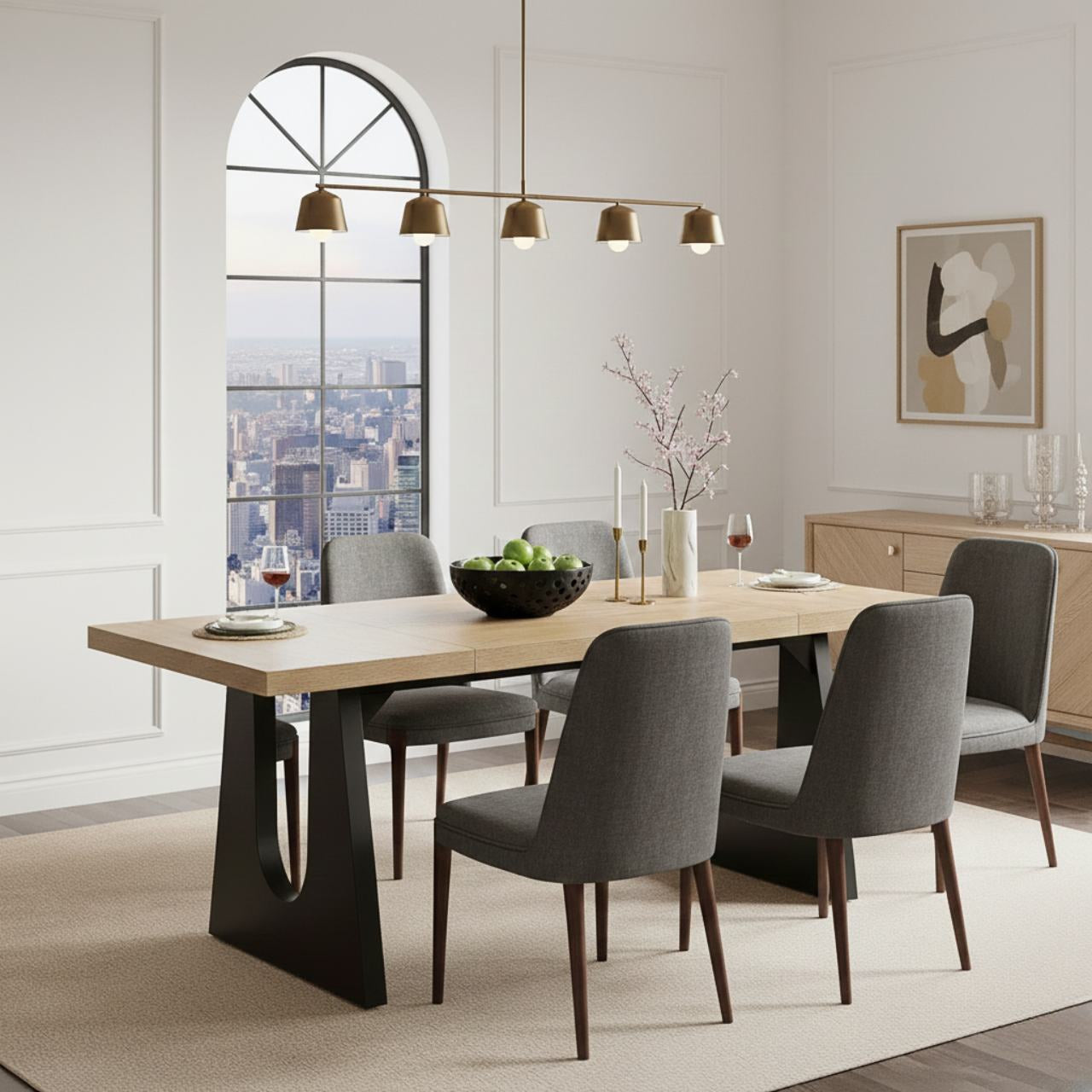 Oak & Black Rustic Dining Table, 70.9 inches, seats 6-8, in a modern dining room with gray upholstered chairs.