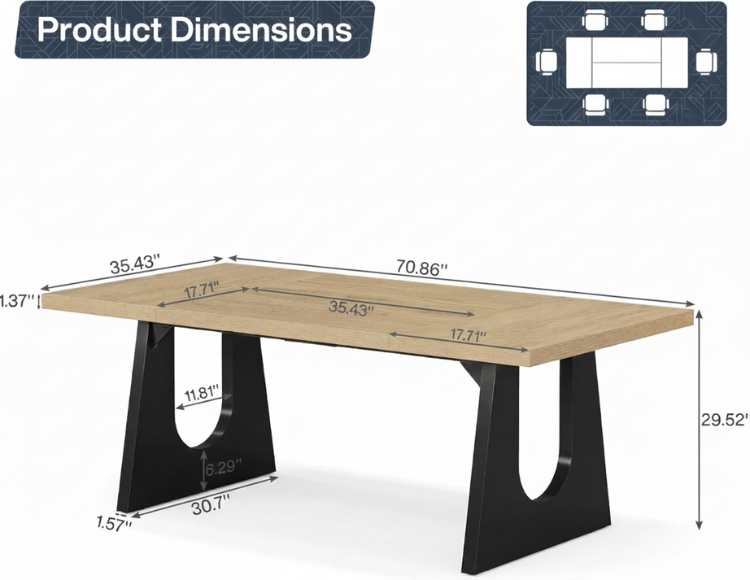 Oak & Black Rustic Dining Table, 70.9 inches, seats 6-8, oak top with black pedestal legs.