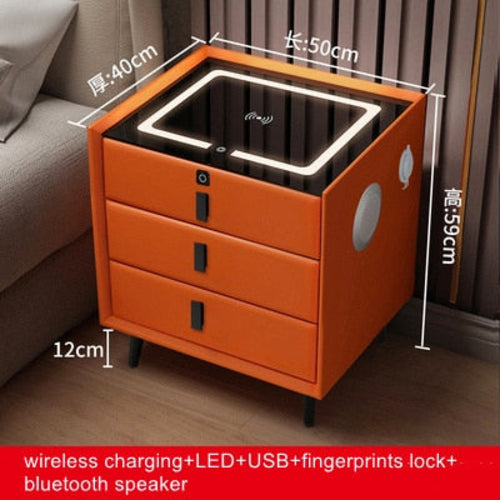 Orange bedside table with wireless charging, USB ports, three drawers, and ambient LED light.
