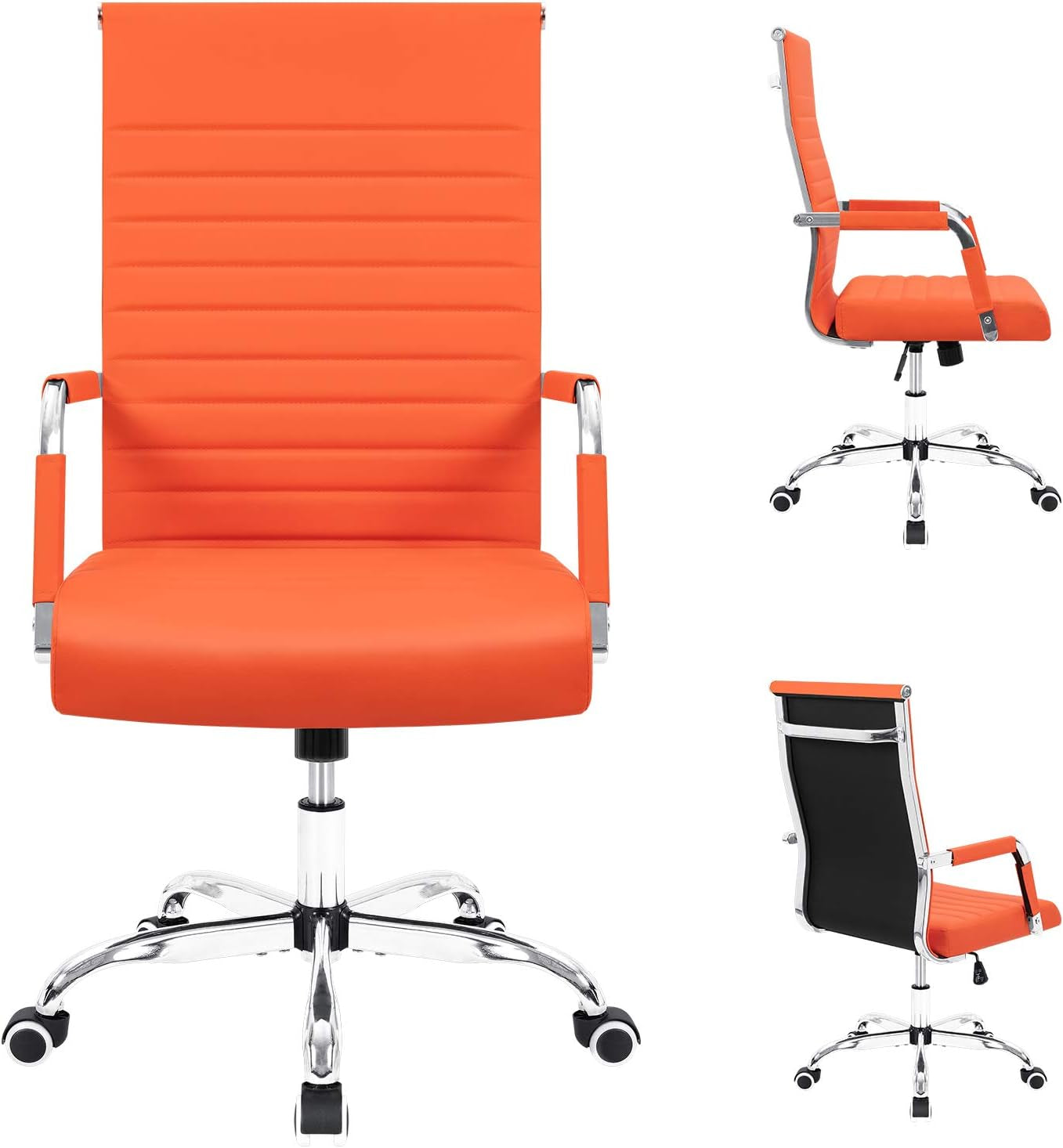 Orange ribbed PU leather office chair with adjustable height, 3.15-inch padded seat, and chrome base.