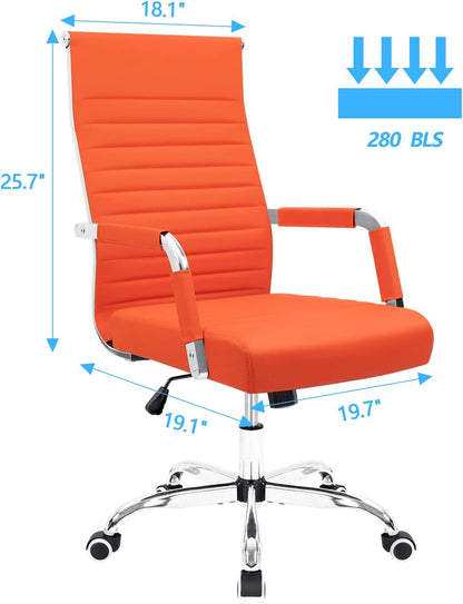 Orange ribbed leather office desk chair with 3.15-inch padded seat and adjustable height, chrome base and casters (feature callout)