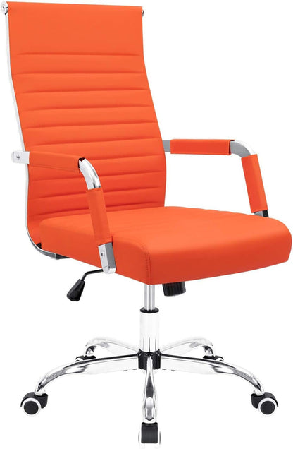 padded task chair with chrome base and casters, ribbed orange leather