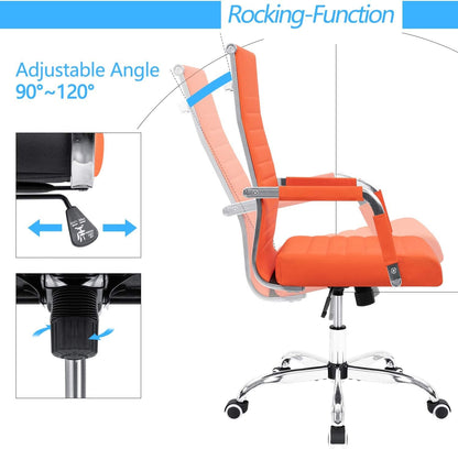 Orange ribbed leather office desk chair with 3.15-inch padded seat and adjustable height on a chrome base (feature callout)