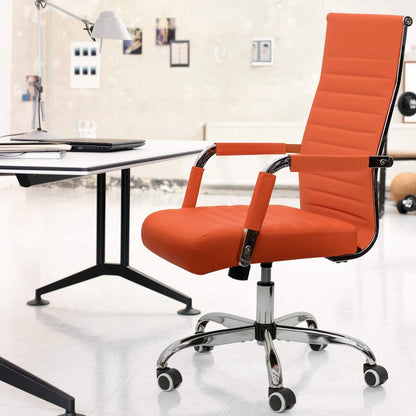 orange ribbed leather office chair with adjustable height, padded seat