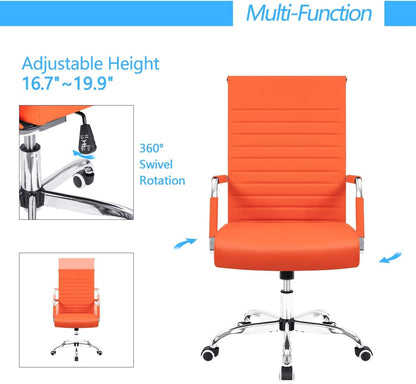 Orange ribbed leather office desk chair with adjustable height, 3.15-inch padded seat, 360° swivel (feature callout)