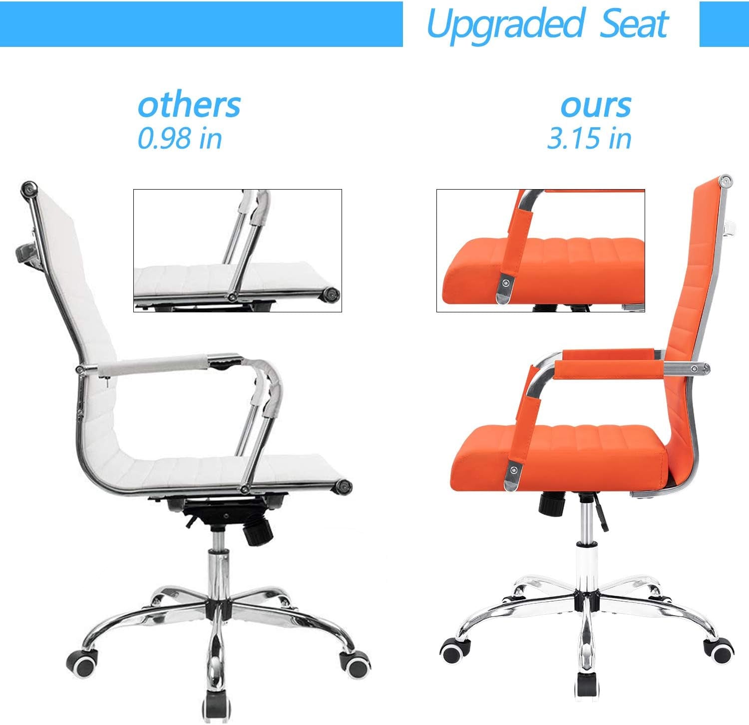 Orange ribbed leather office desk chair with adjustable height and chrome base.