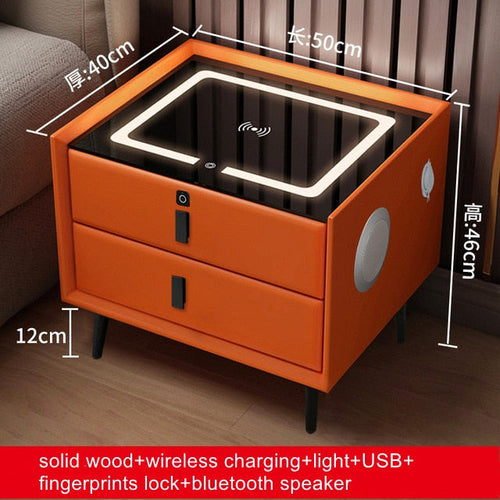 Orange two-drawer Smart Bedside Table with Qi wireless charging pad, USB ports, and ambient night light.