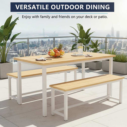 Outdoor dining set with table and benches on a deck with cityscape view (feature callout)