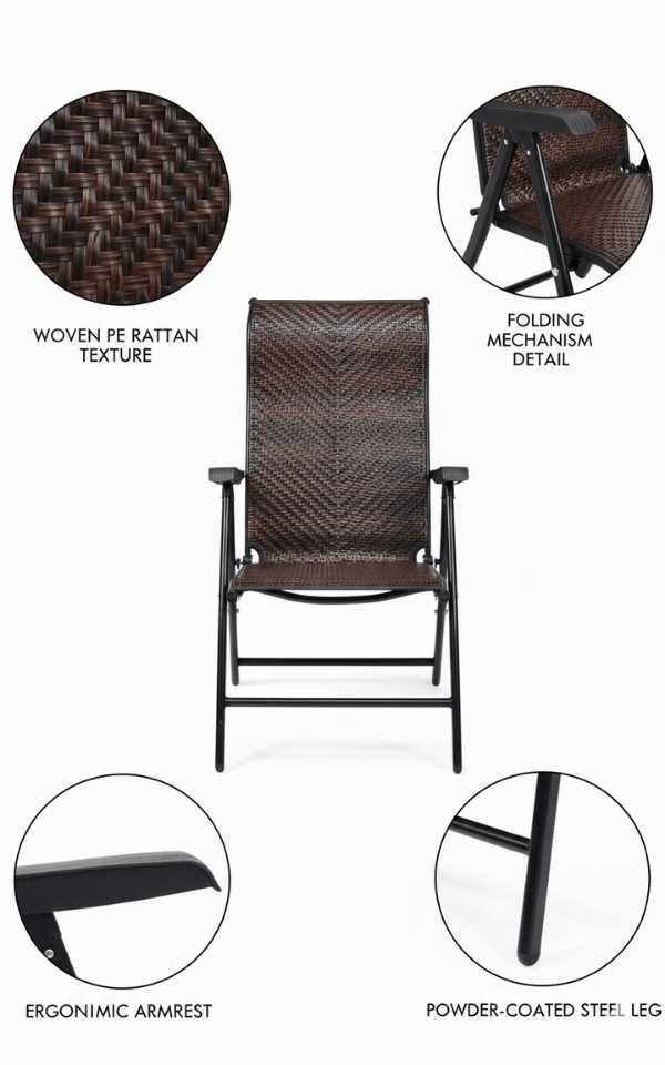 Outdoor heavy-duty dark brown rattan folding patio chair with five-position backrest and powder-coated steel frame.