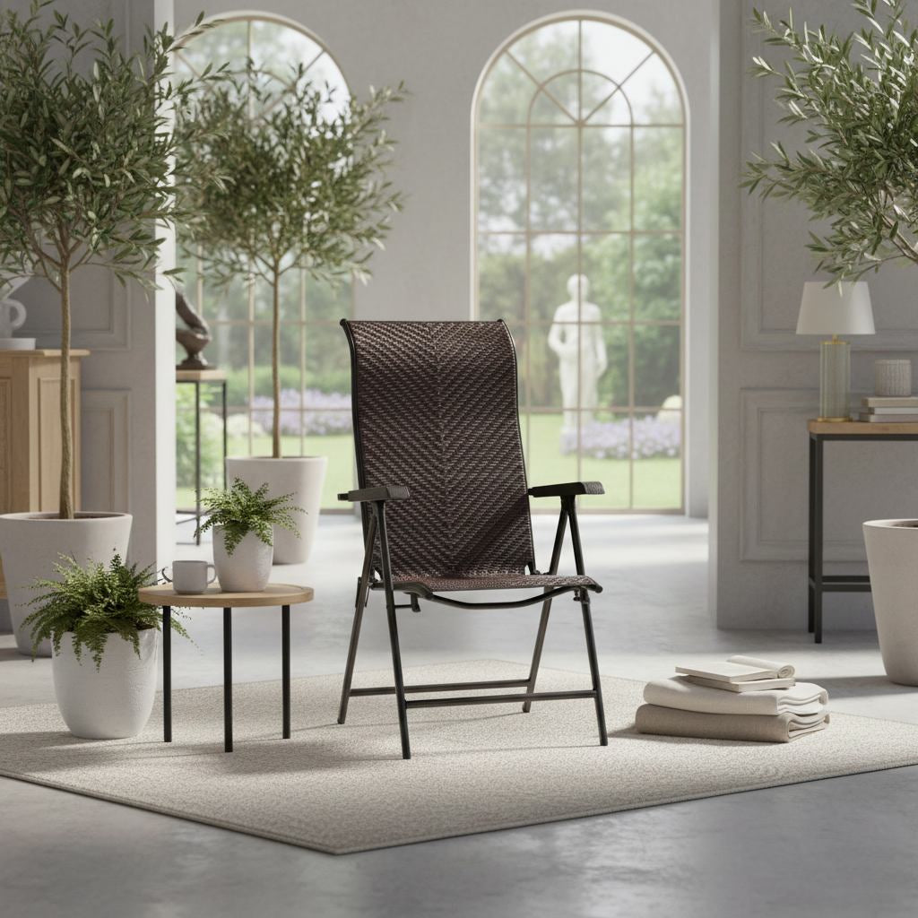 Outdoor heavy-duty dark brown rattan folding patio chair with five-position backrest and powder-coated steel frame.