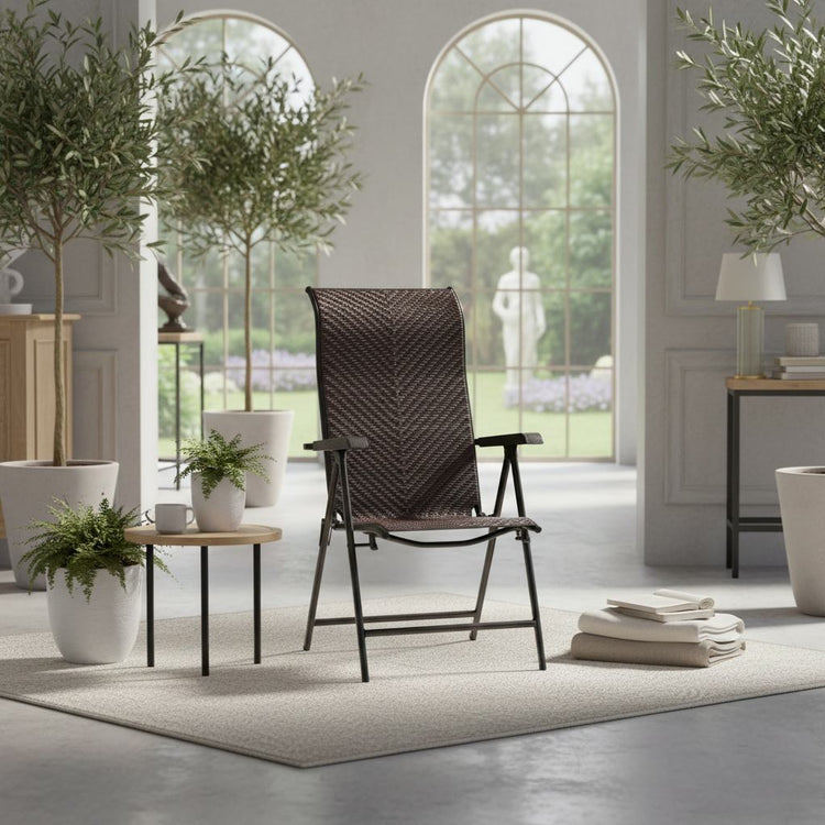 Outdoor heavy-duty dark brown rattan folding patio chair with five-position backrest and powder-coated steel frame.