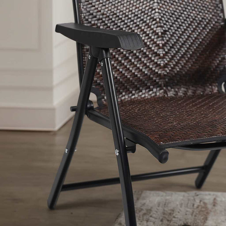 Outdoor heavy-duty dark brown rattan folding patio chair with five-position backrest and powder-coated steel frame.