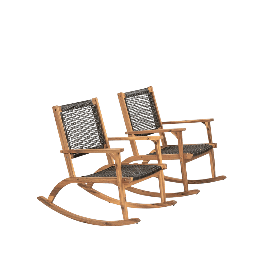 Outdoor rocking chair set of 2 in durable acacia wood with woven seats and backs.