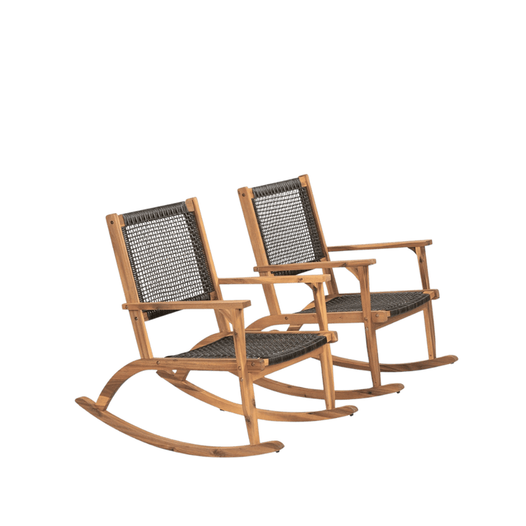 Outdoor rocking chair set of 2 in durable acacia wood with woven seats and backs.
