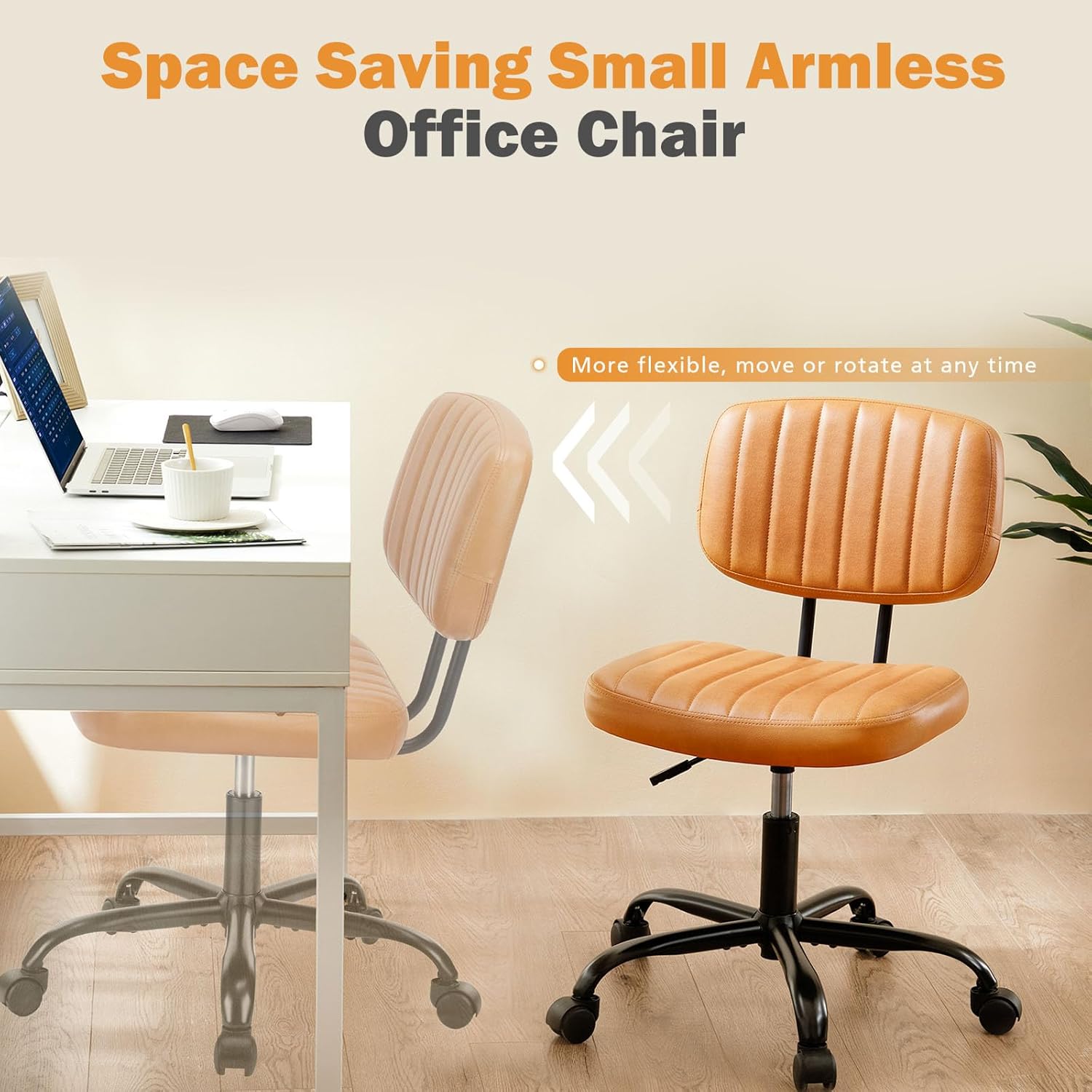 SWEETCRISPY PU Leather Low Back Task Chair Cushioned Seat in orange-brown, ribbed padding, rolling base.