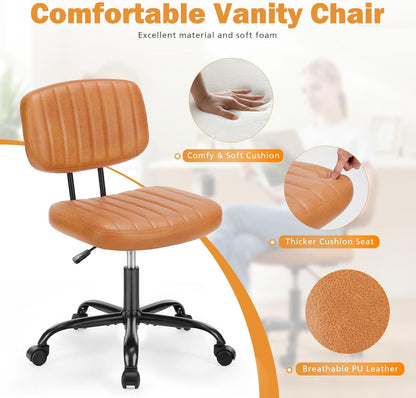SWEETCRISPY PU Leather Low Back Task Chair with cushioned seat in orange, breathable vertical-stitch uphols (feature callout)