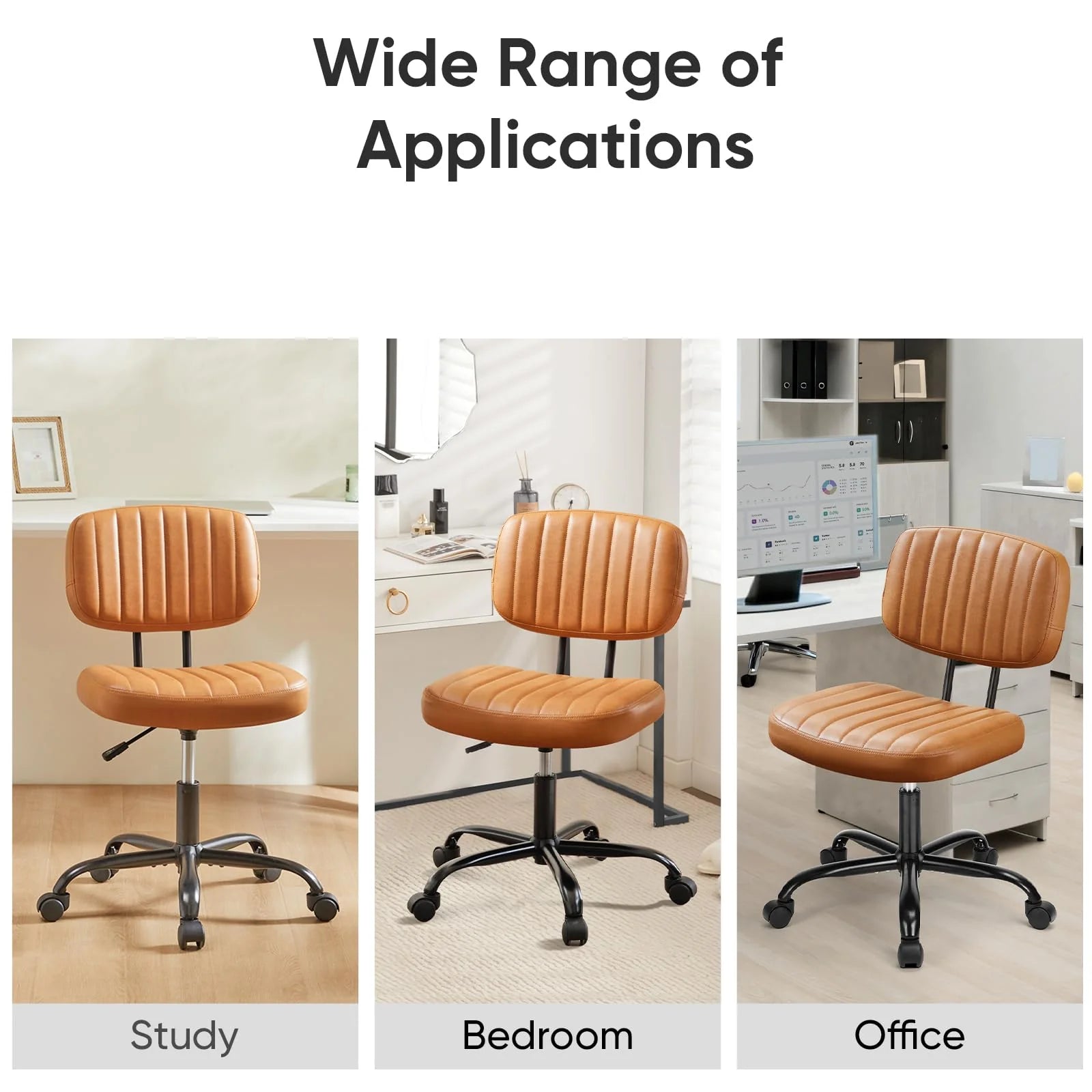 SWEETCRISPY PU Leather Low Back Task Chair with cushioned tan seat and vertical stitching on a wheeled base.