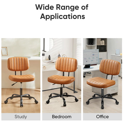 SWEETCRISPY PU Leather Low Back Task Chair with cushioned tan seat and vertical stitching on a wheeled base (feature callout)