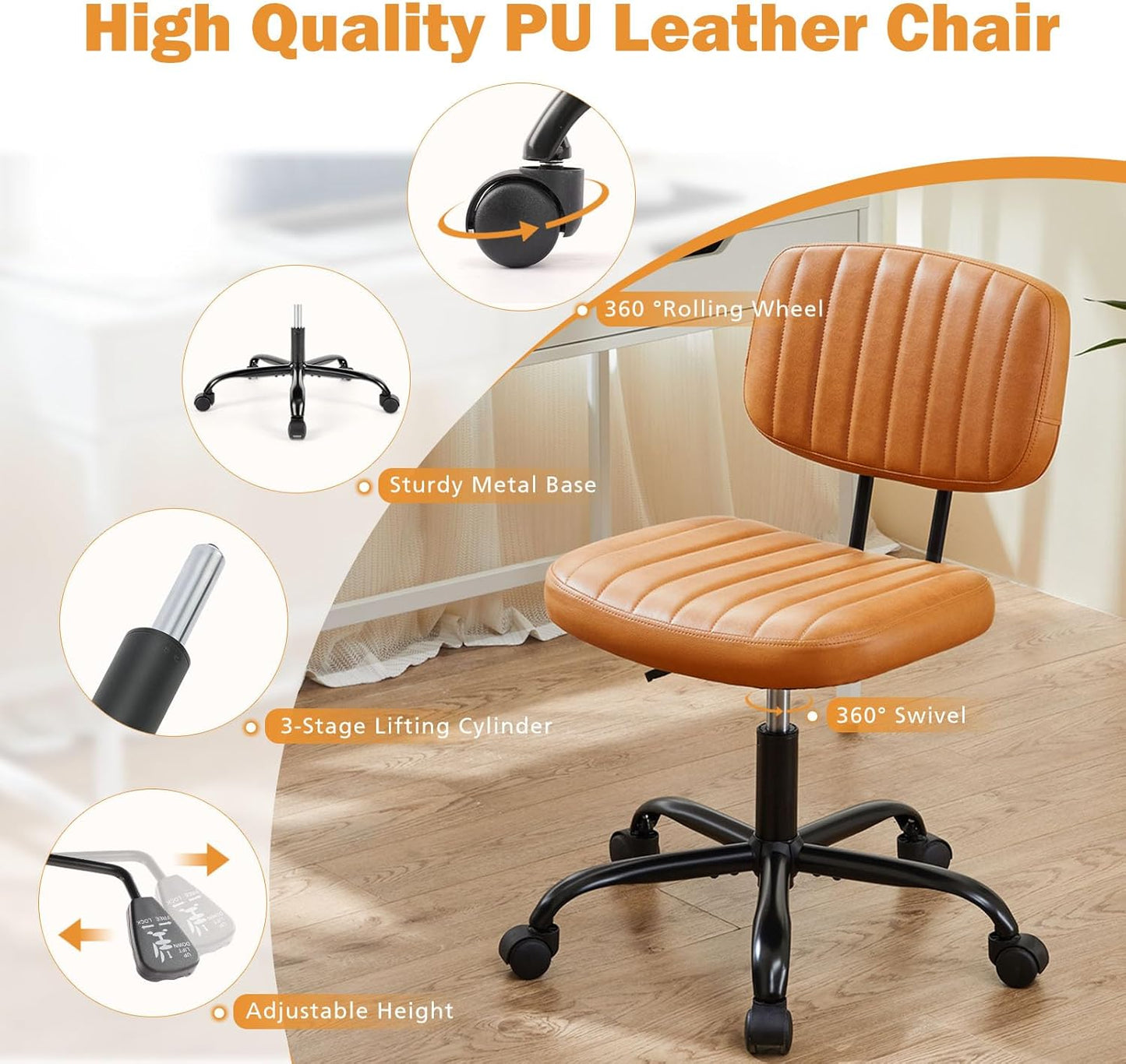 SWEETCRISPY PU Leather Low Back Task Chair with high-density foam cushion and vertical-pattern air flow; 360° swivel.