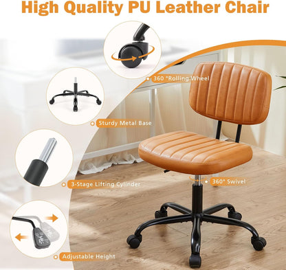 SWEETCRISPY PU Leather Low Back Task Chair with high-density foam cushion and vertical-pattern air flow; 360° swivel (feature callout)