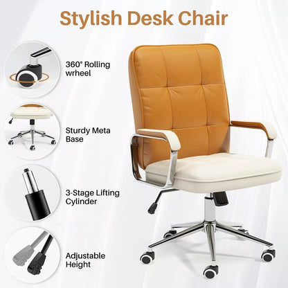 PU leather office chair with swivel chrome base, padded back and seat, adjustable height and rolling caster (feature callout)