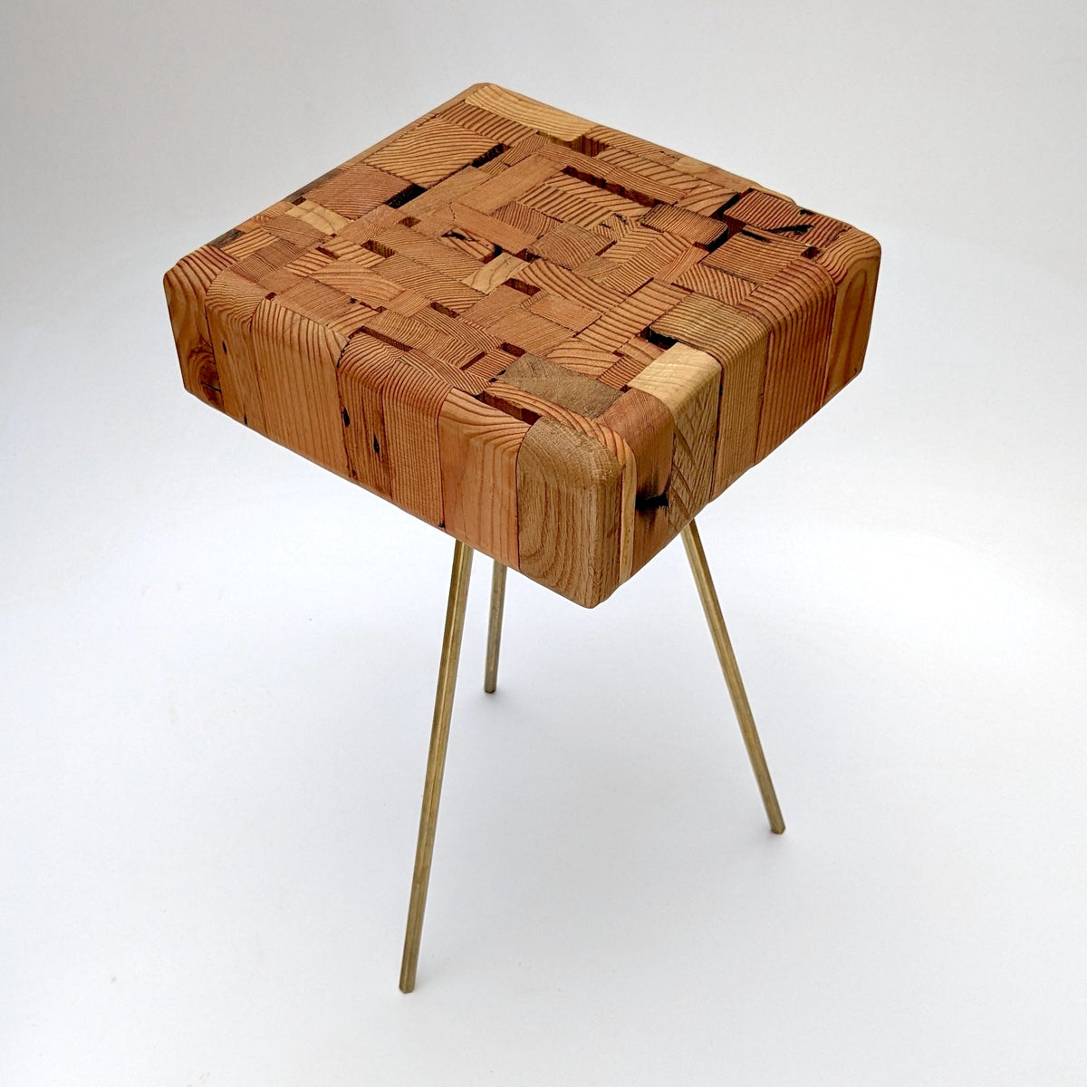 Reclaimed Wood Side Table, Handmade with Brass Hexagon Legs