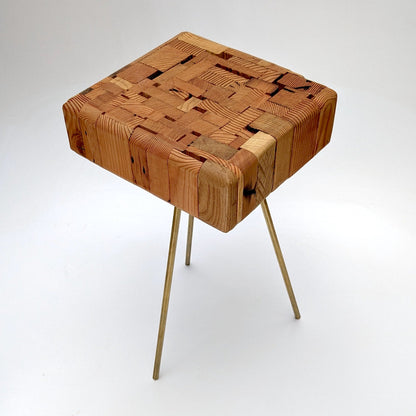 Reclaimed Wood Side Table, Handmade with Brass Hexagon Legs