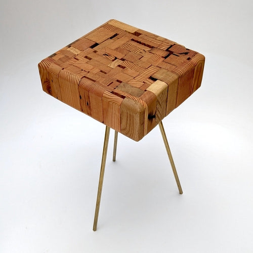 Reclaimed Wood Side Table, Handmade with Brass Hexagon Legs