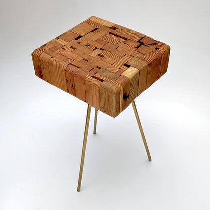 Reclaimed Wood Side Table, Handmade with Brass Hexagon Legs