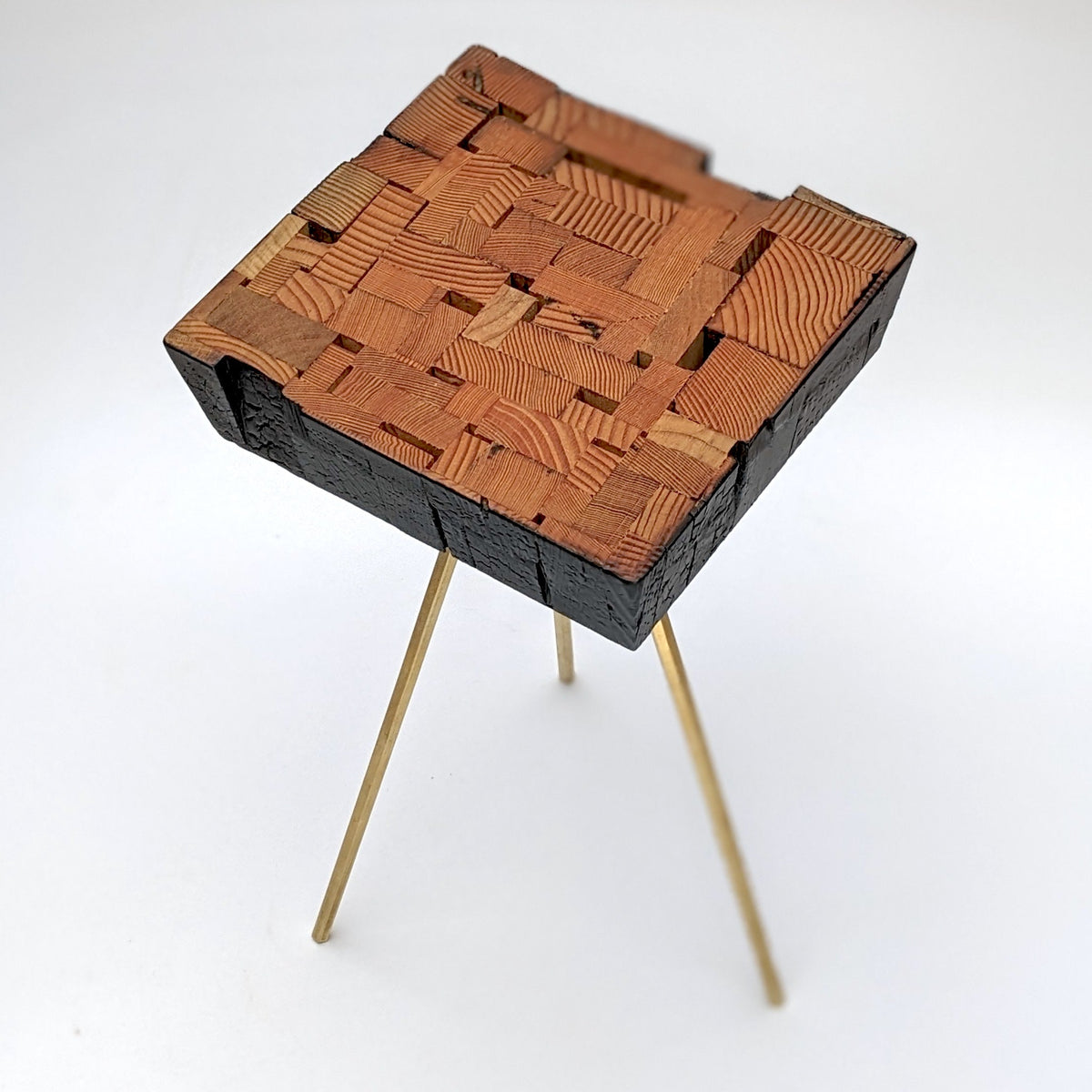 Reclaimed Wood Side Table, Handmade with Brass Hexagon Legs