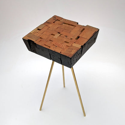 Reclaimed Wood Side Table, Handmade with Brass Hexagon Legs