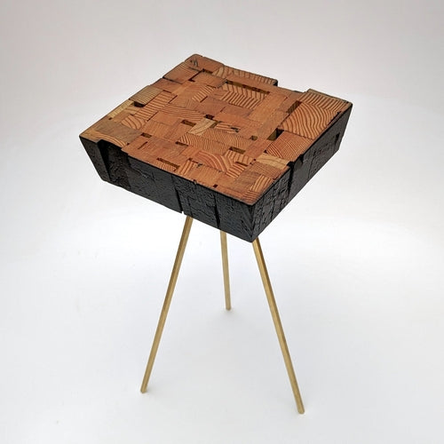 Reclaimed Wood Side Table, Handmade with Brass Hexagon Legs