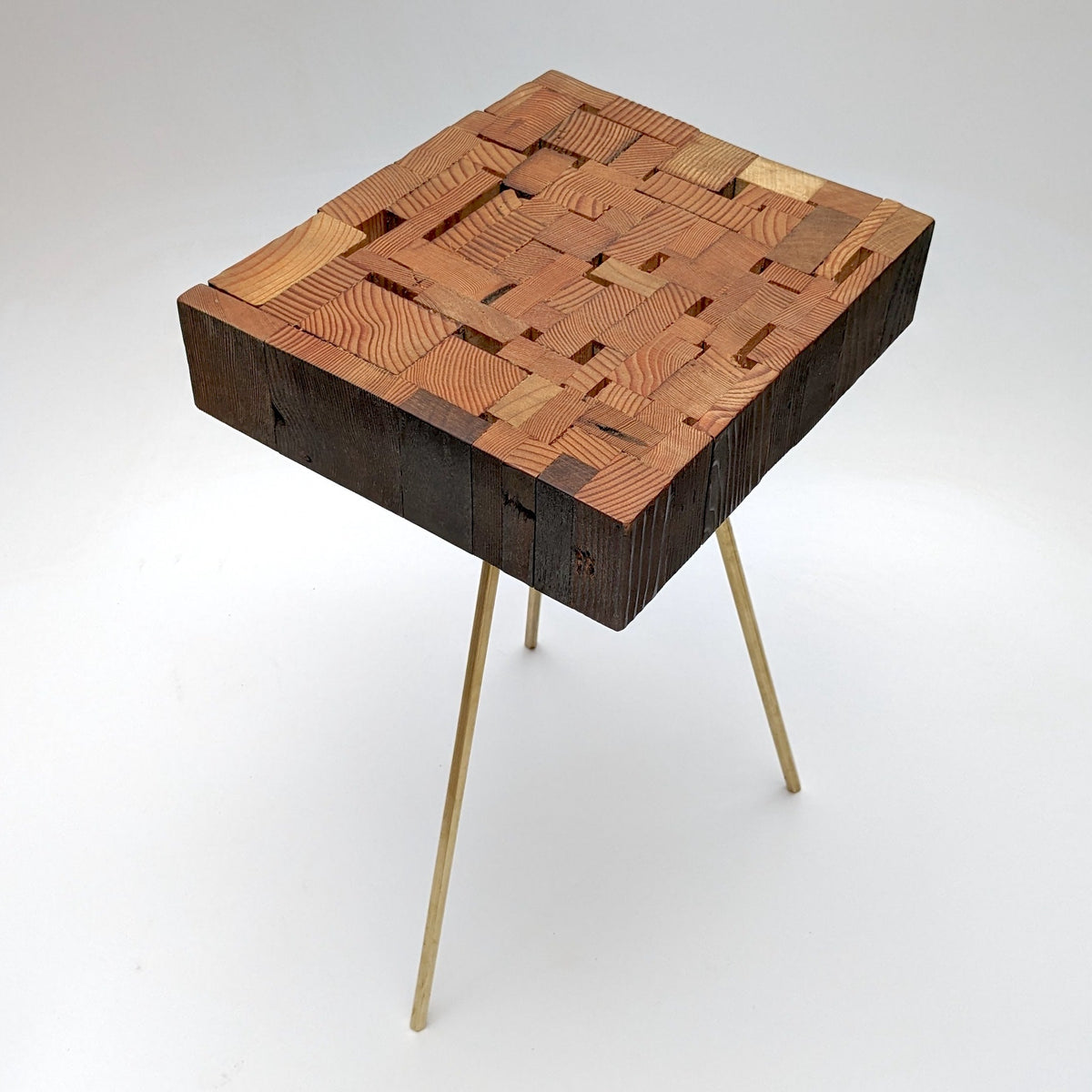 Reclaimed Wood Side Table, Handmade with Brass Hexagon Legs