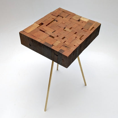 Reclaimed Wood Side Table, Handmade with Brass Hexagon Legs