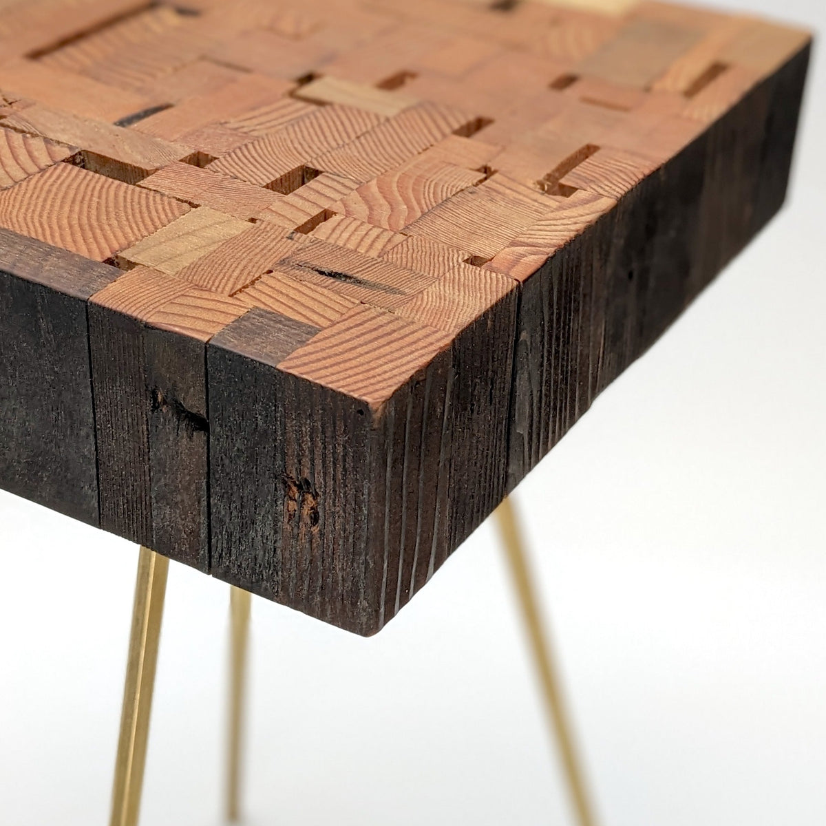 Reclaimed Wood Side Table, Handmade with Brass Hexagon Legs