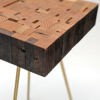 Reclaimed Wood Side Table, Handmade with Brass Hexagon Legs