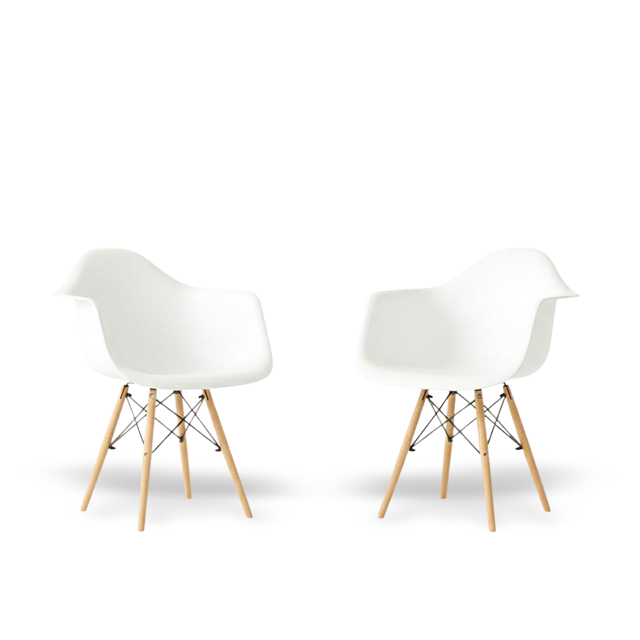 Set of 2 white mid-century modern molded dining arm chairs with wooden legs.