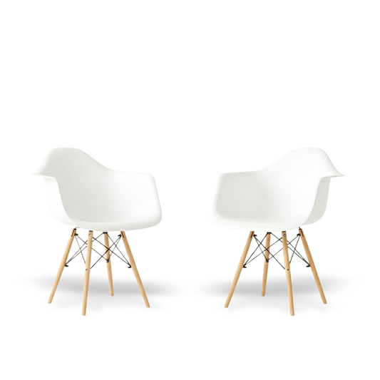 Set of 2 white mid-century modern molded dining arm chairs with wooden legs.