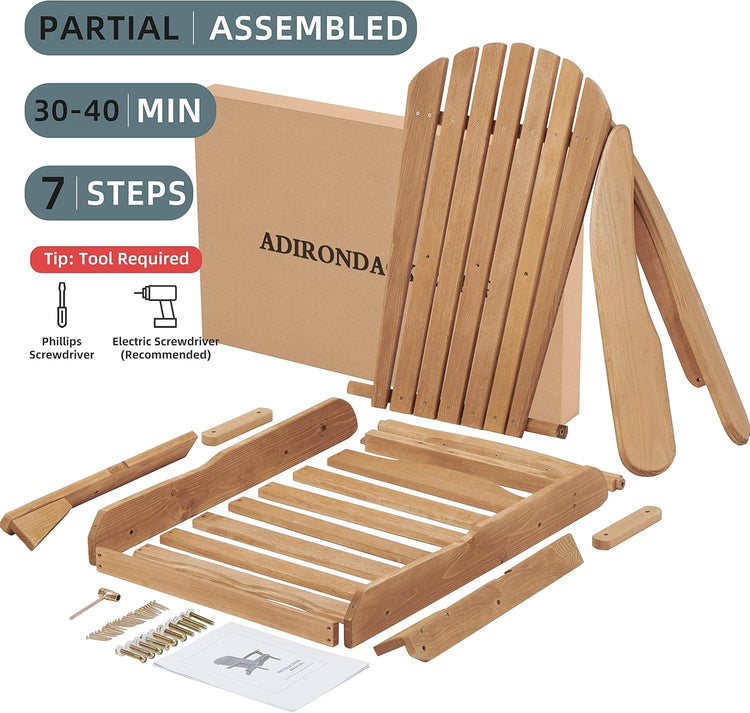 Partial assembled Adirondack chair kit with tools and instructions on a white background