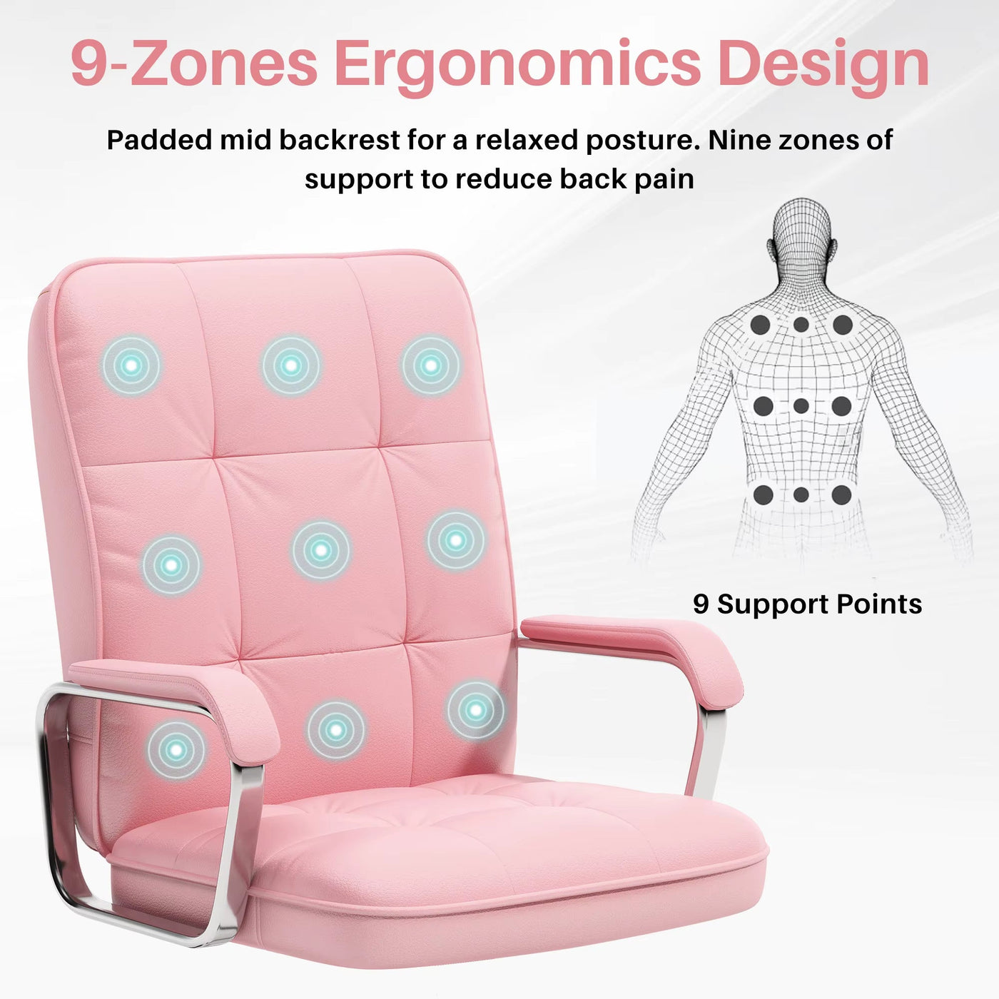 Pink PU Leather Computer Desk Chair Swivel Ergonomic Office with 9-zone design and sofa-like comfort.