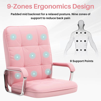 Pink PU Leather Computer Desk Chair Swivel Ergonomic Office with 9-zone design and sofa-like comfort (feature callout)